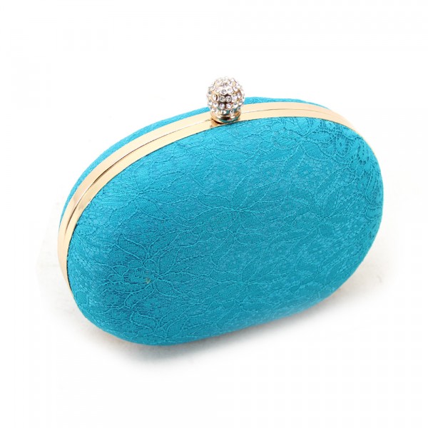 Satin Lace Rhinestones Trend Woman Evening Bag Party Clutch Teal Blue